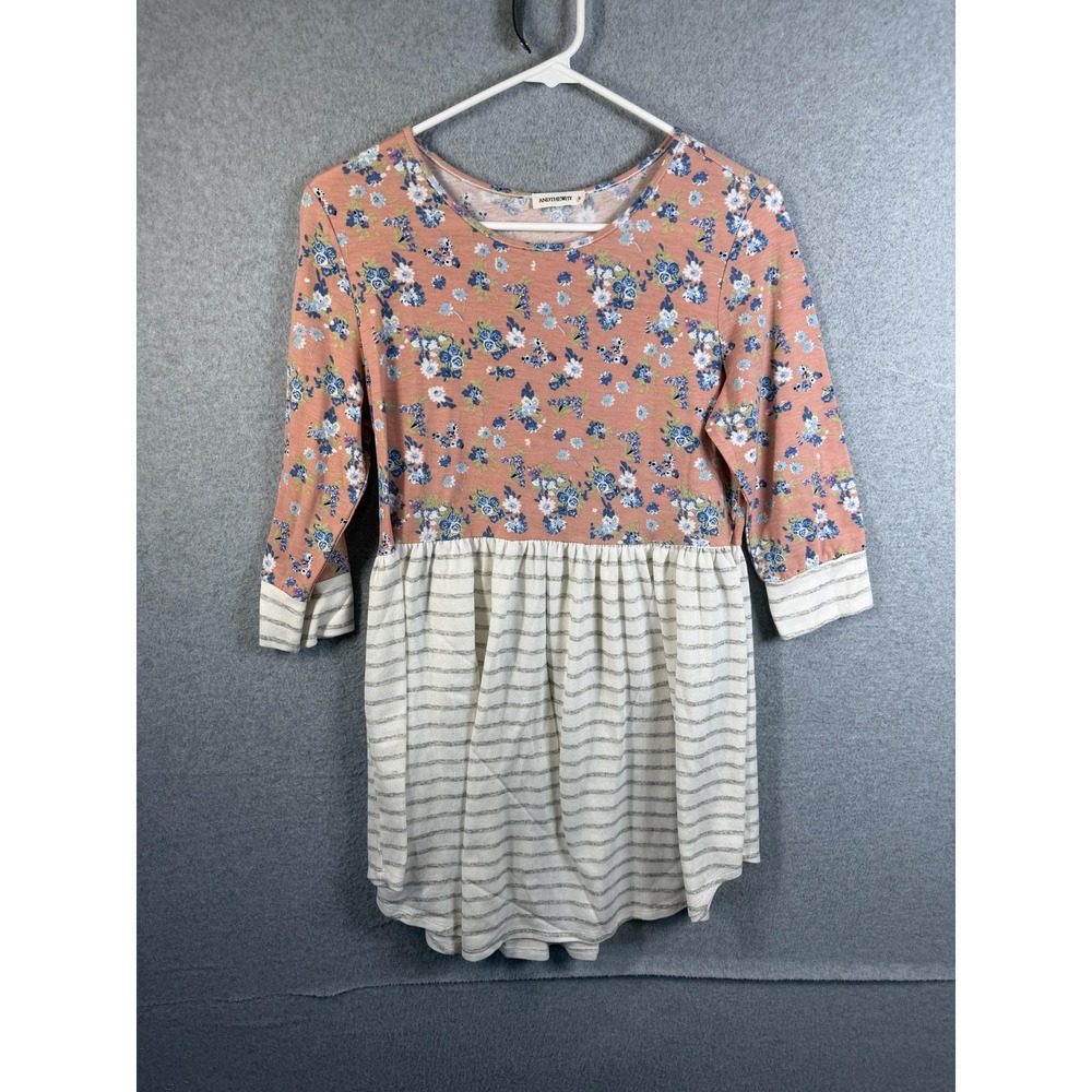 ANDTHEWHY Dress Womens Small Pink Floral Stripe 3/4 Sleeve Fit Flare Casual